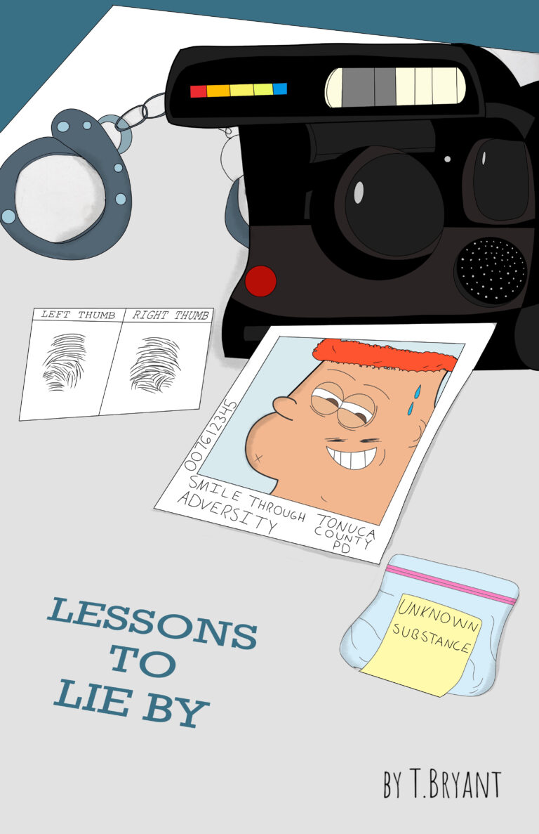 An evidence table at a police station with a photo. handcuffs, thumbprints, and confiscated evidence.