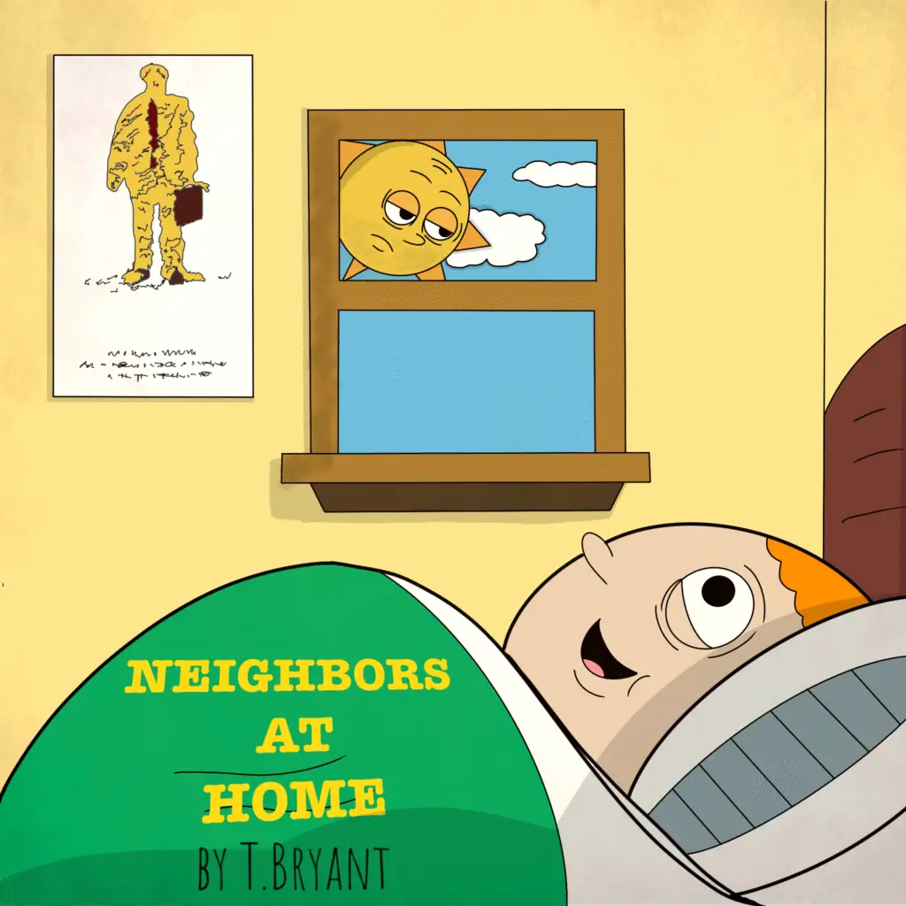 A man wakes up smiling in his house. The sun is looking at him with a look of annoyance.